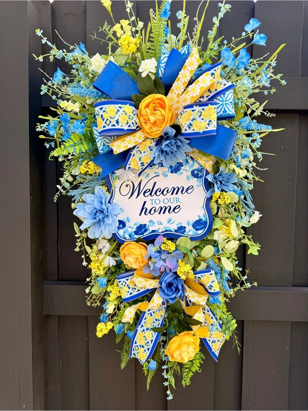 Hand Crafted Blue and Yellow Welcome Home Door Wreath